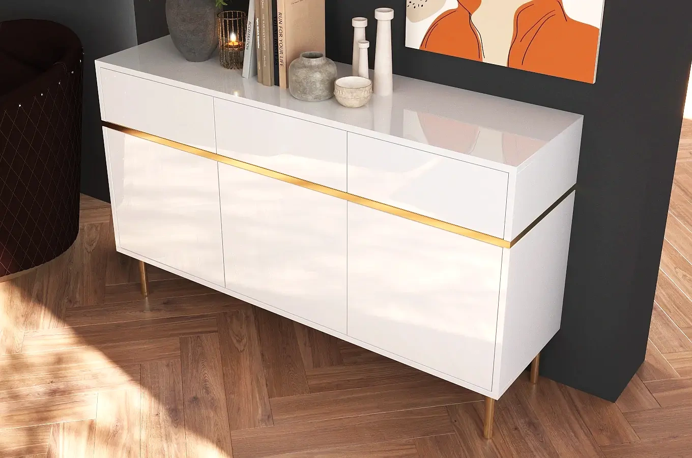 Elegancka biała komoda Dancan MARIKA ze złotymi dodatkami / szer. 137,5 cm