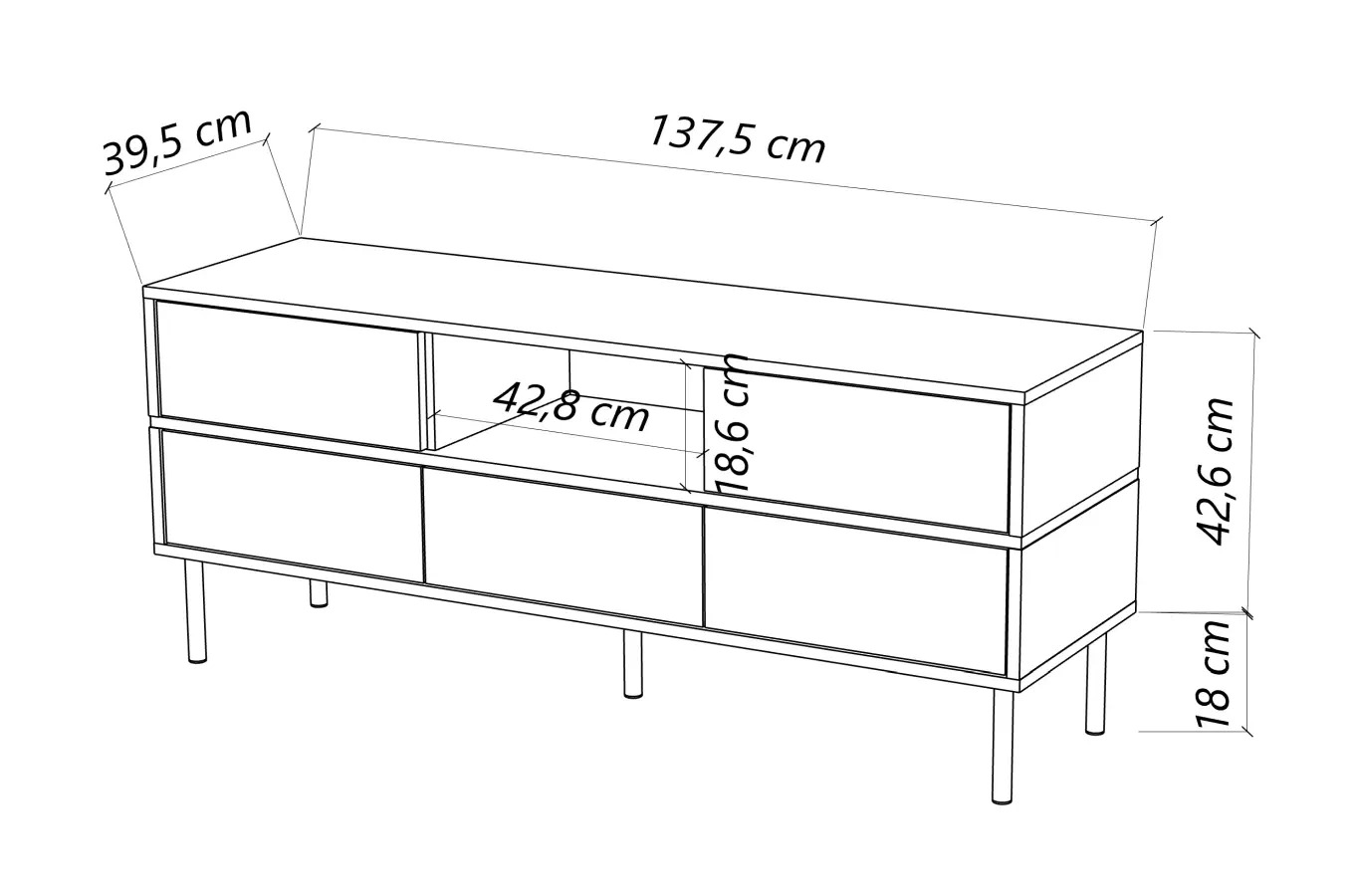 Elegancka biała komoda RTV Dancan MARIKA ze złotymi dodatkami / szer. 137,5 cm