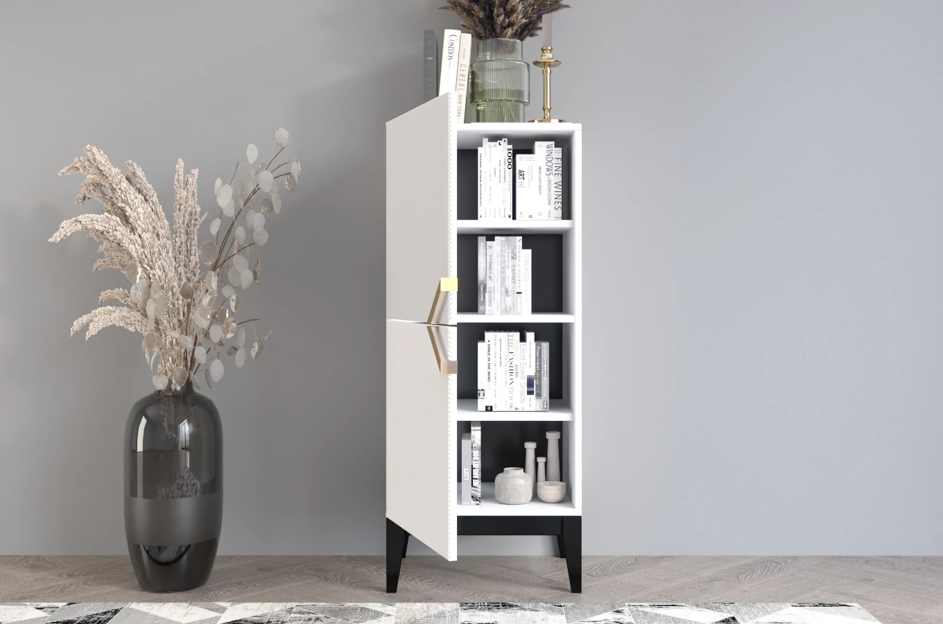 Drewniana komoda Visby DEMI HIGH 2D / kolor biały + czarne nogi / szer. 50,5 cm