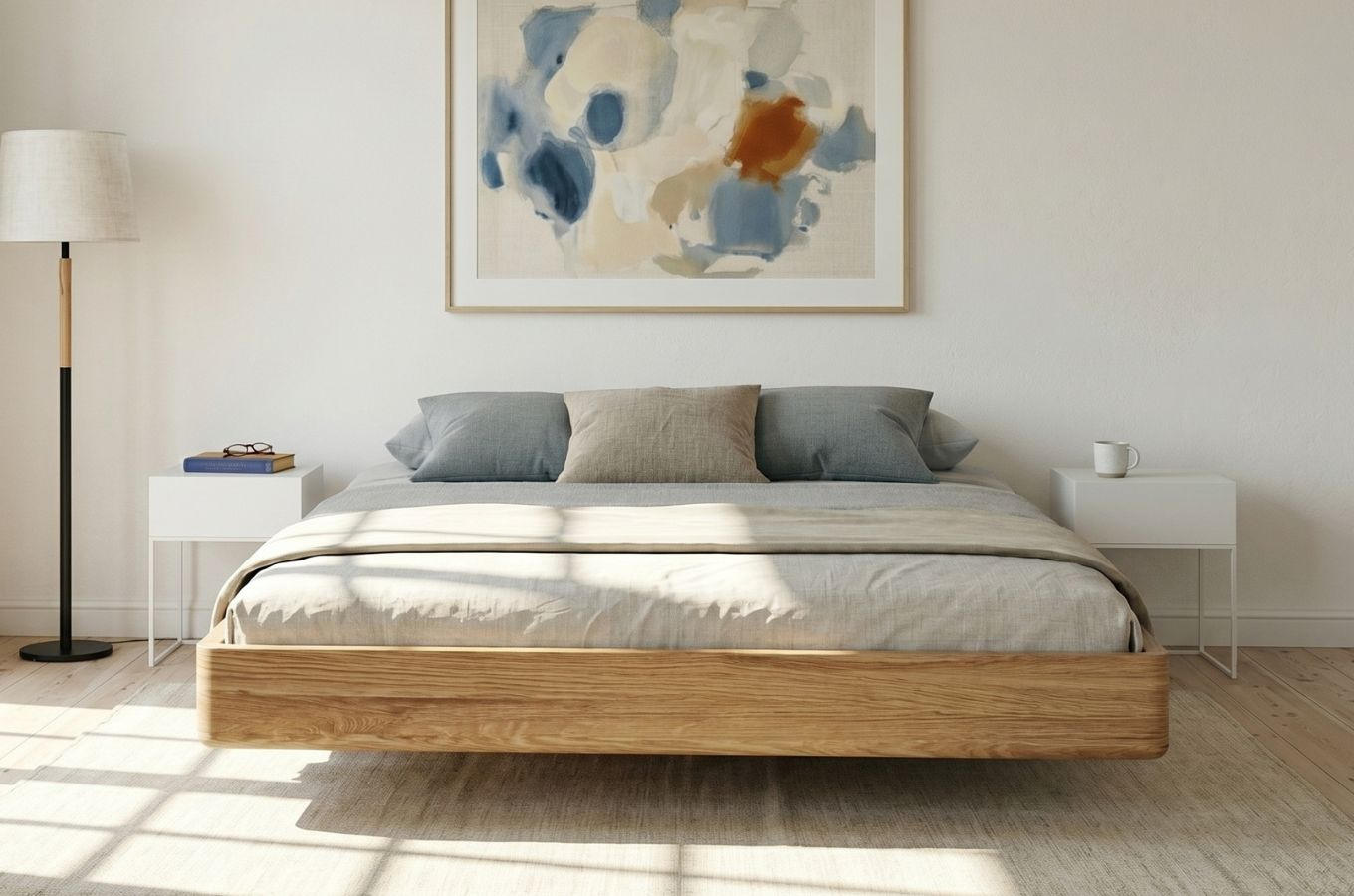Łóżko lewitujące drewniane dębowe Visby LENA FLAT bez zagłówka, z szafkami lub bez