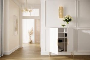 Biała komoda / szafka na buty Skandica MERLIN ze złotymi dodatkami / szer. 100 cm