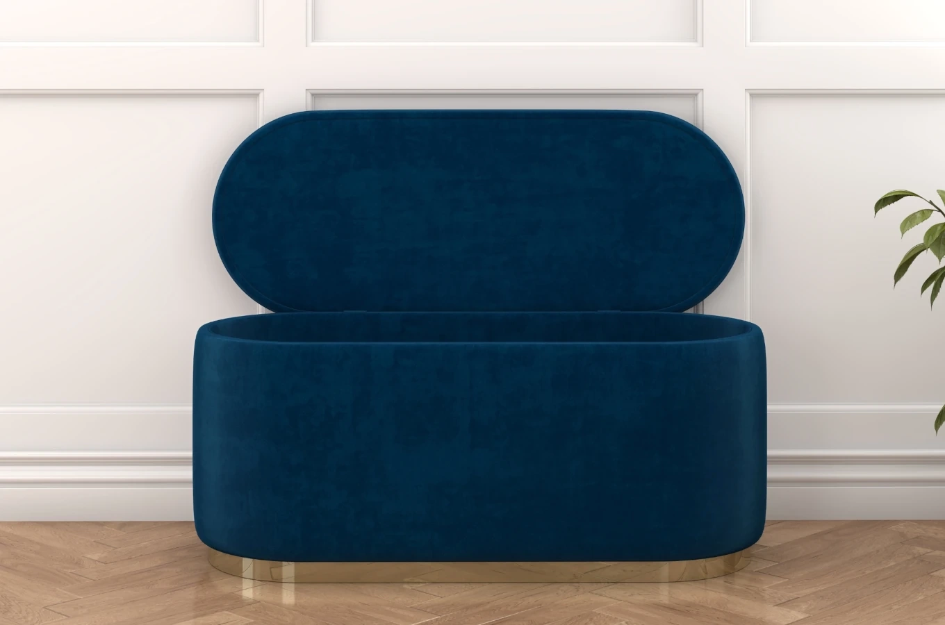 Granatowy owalny puf ze schowkiem Dancan SCARLETT na złotej podstawie