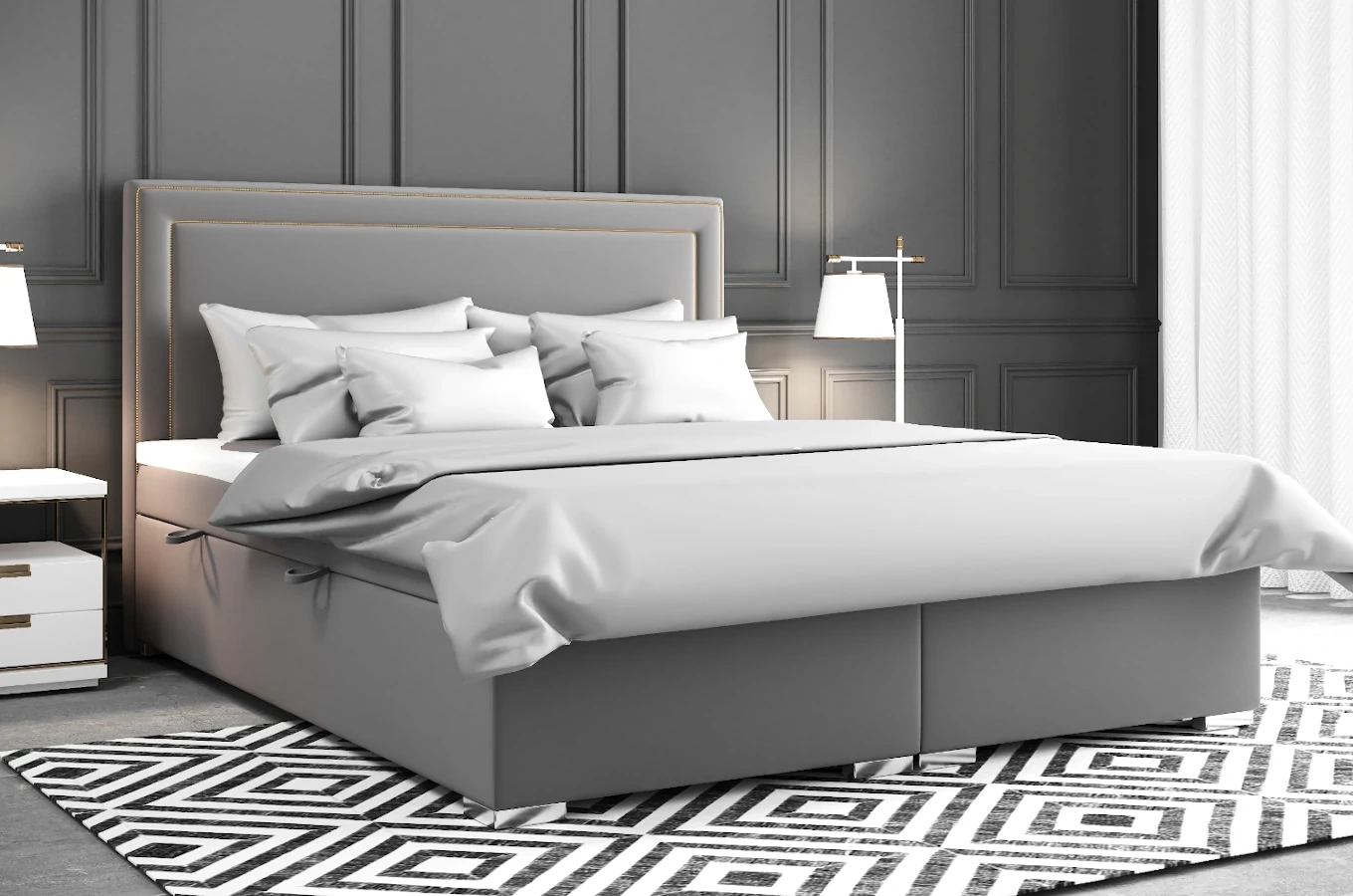 Eleganckie tapicerowane łóżko kontynentalne do sypialni TOMASSO z pojemnikiem na pościel