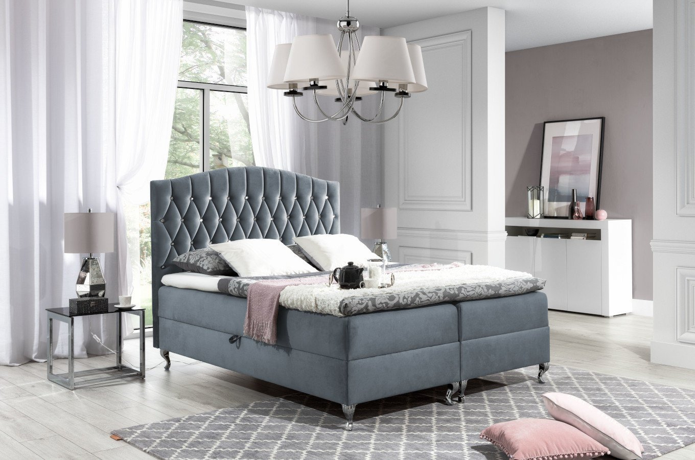 Tapicerowane łóżko kontynentalne PARLA z pikowaniem karo na zagłówku