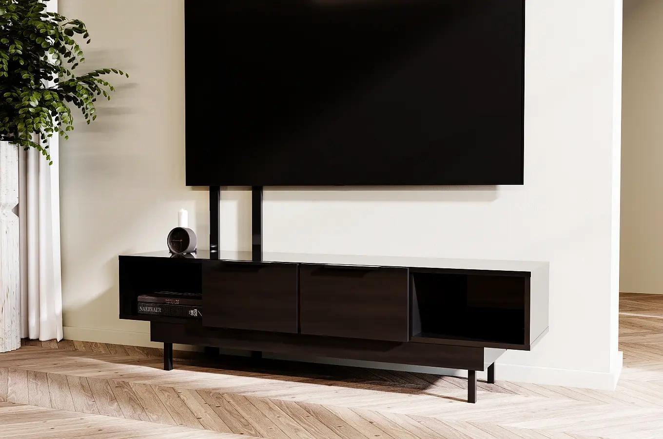 Elegancka czarna komoda RTV Dancan ARTEMISA ze złotymi dodatkami / szer. 163 cm