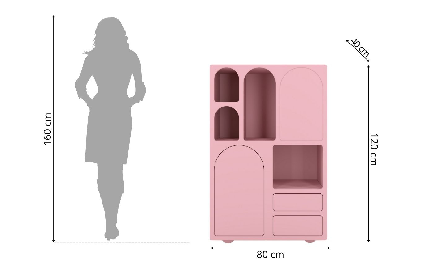 Drewniana komoda z łukami Visby OLIMPIA HIGH / kolor pudrowy róż / szer. 80 cm