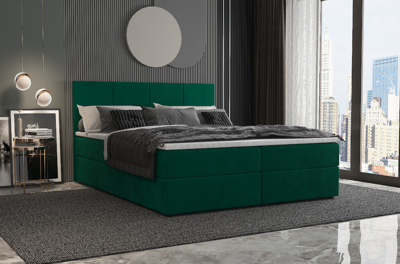 Tapicerowane łóżko kontynentalne SOFIA z zagłówkiem z pionowymi przeszyciami