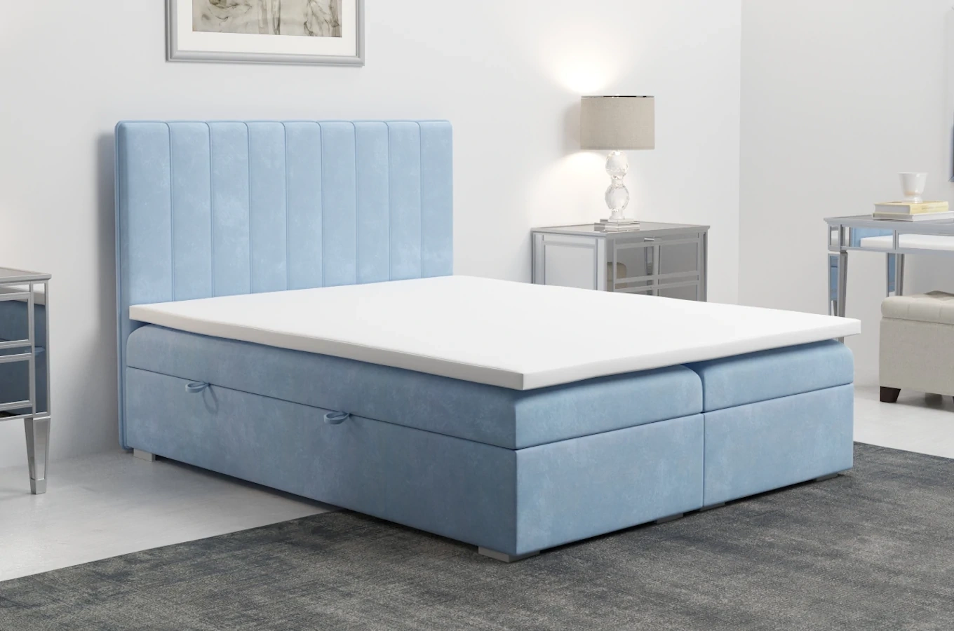 Eleganckie tapicerowane łóżko kontynentalne do sypialni CAREN z pojemnikiem na pościel