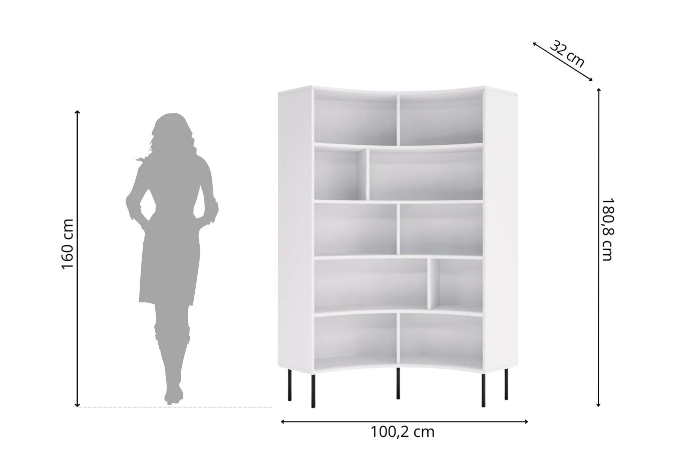 Nowoczesny narożny regał na książki Skandica HORN z czarnymi nogami / biały / szer. 100 cm
