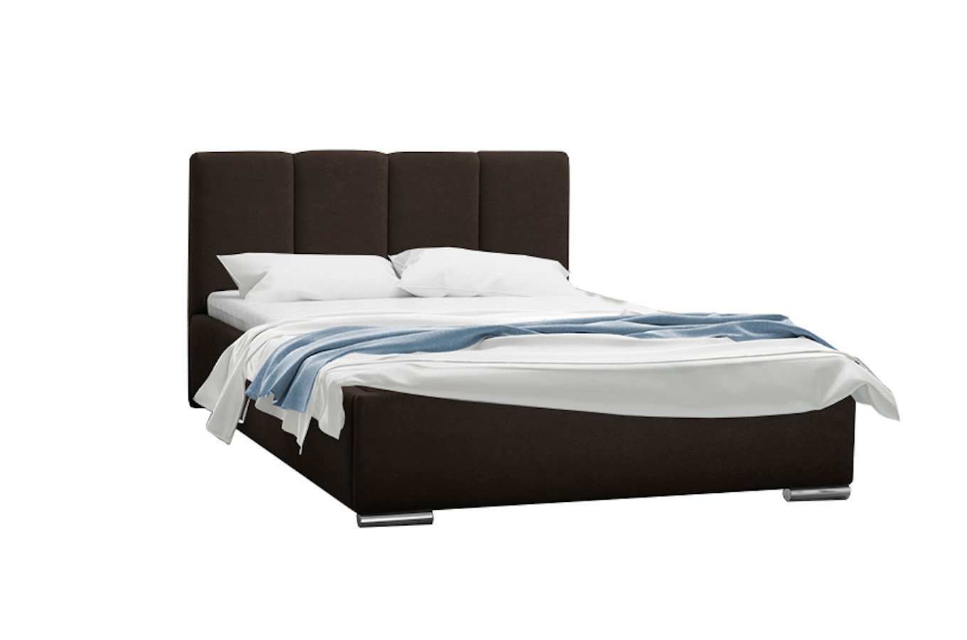 Tapicerowane łóżko do sypialni MALAR z pionowymi przeszyciami na zagłówku.