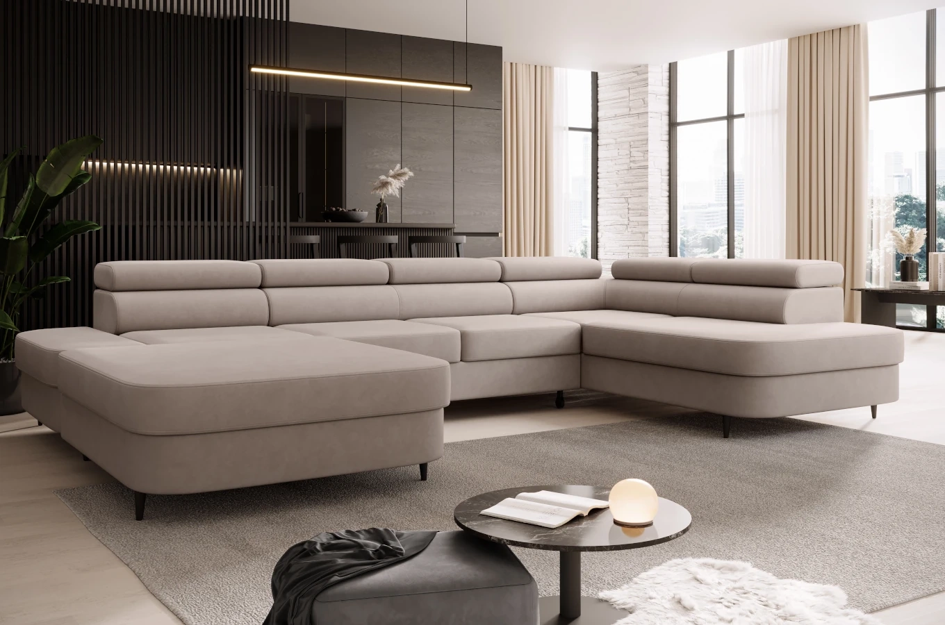 Nowoczesny narożnik TANZANIT U z funkcją spania i pojemnikiem na pościel