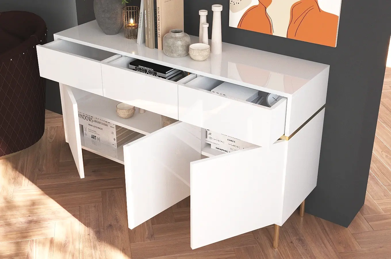 Elegancka biała komoda Dancan MARIKA ze złotymi dodatkami / szer. 137,5 cm