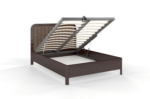 Tapicerowane łóżko drewniane bukowe Visby MODENA BC z wysokim zagłówkiem / 140x200 cm, kolor palisander, zagłówek Casablanca 2306 (skrzynia na pościel)