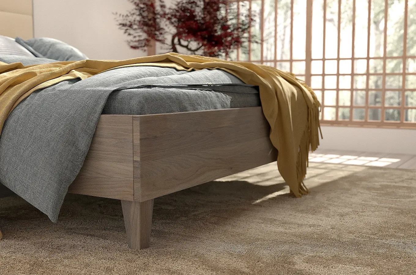 Tapicerowane łóżko drewniane dębowe Visby FRIDA z wysokim zagłówkiem