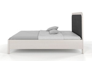 Tapicerowane łóżko drewniane sosnowe Visby MODENA z wysokim zagłówkiem / 200x200 cm, kolor biały, zagłówek Casablanca 2315