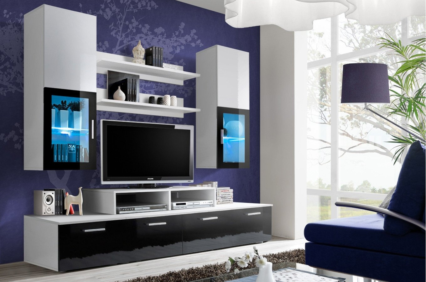 Nowoczesna meblościanka MINI / Korpus czarny mat + Front czarny połysk i czarne szkło