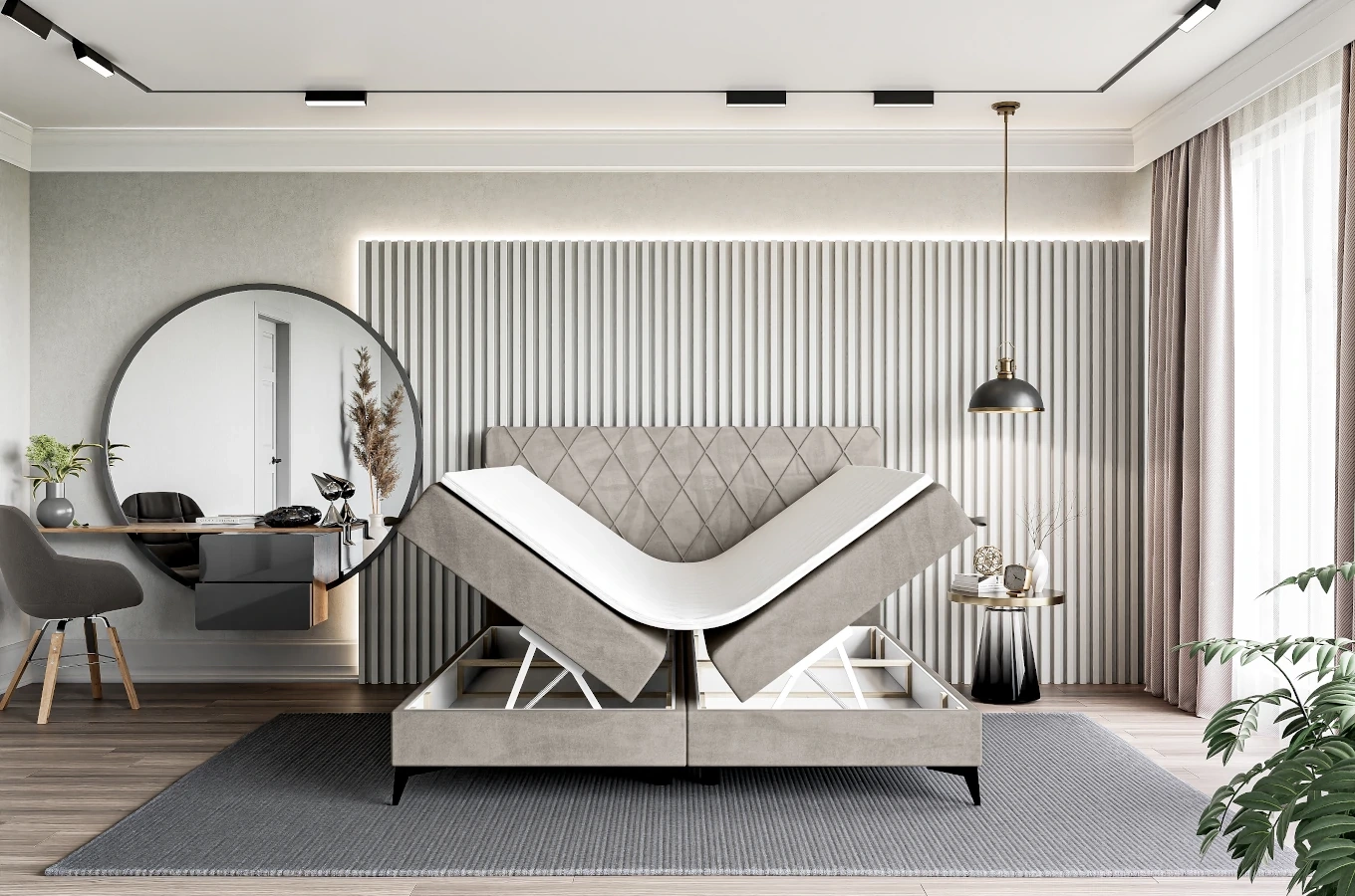 Eleganckie tapicerowane łóżko kontynentalne GEORGE z pojemnikiem na pościel