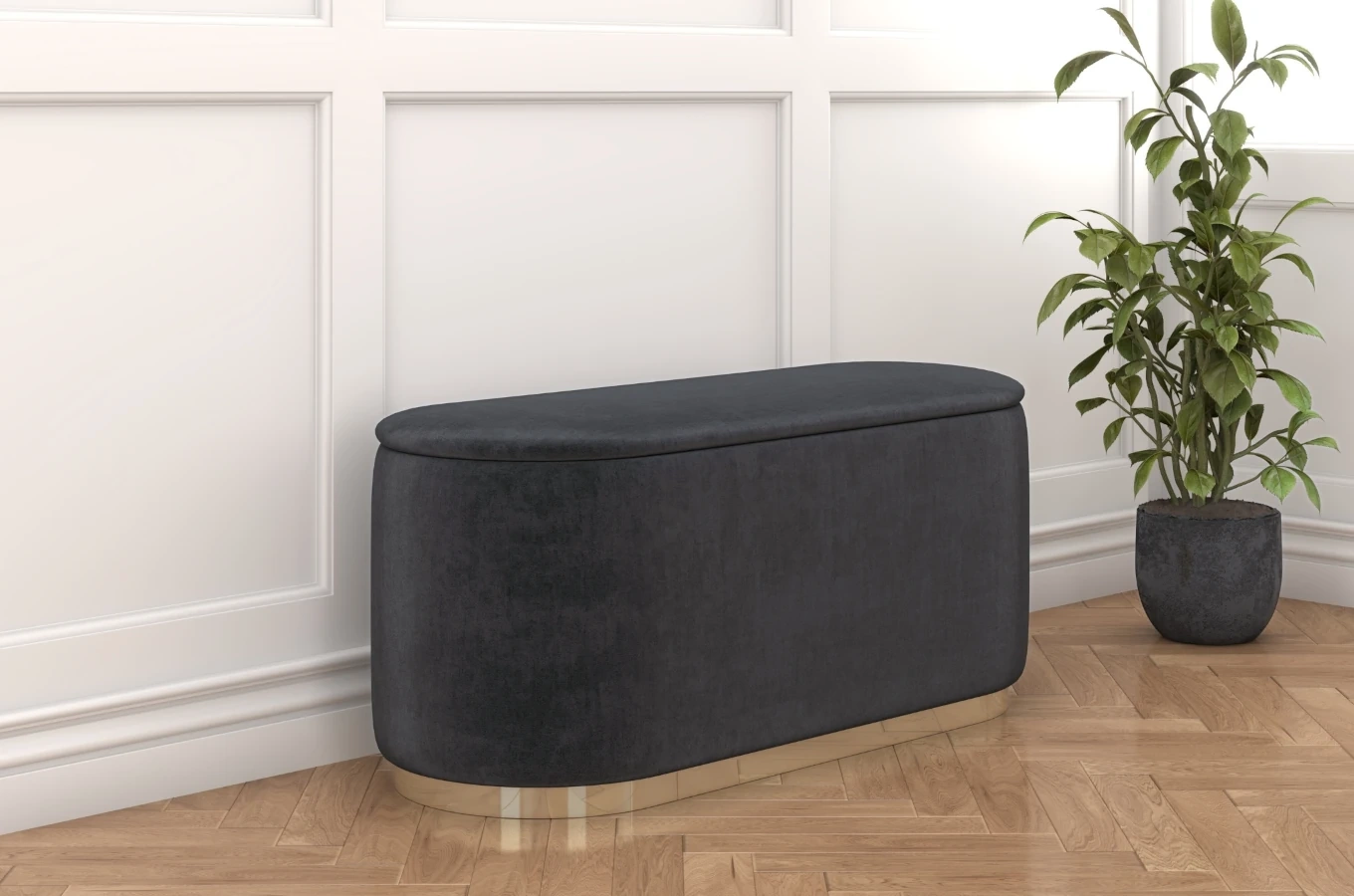 Szary owalny puf ze schowkiem Dancan SCARLETT na złotej podstawie