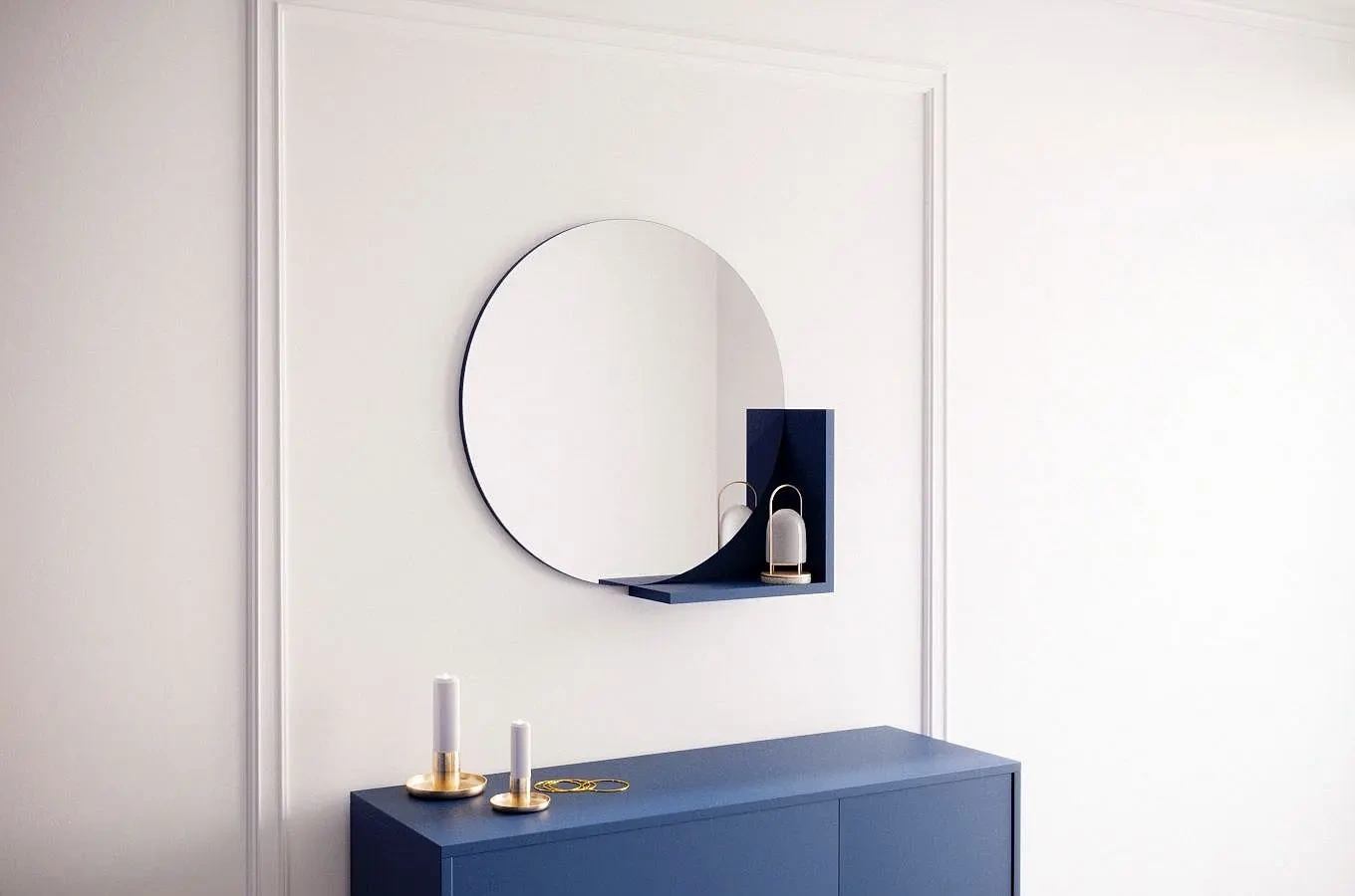 Okrągłe granatowe lustro z półką Skandica LUCIJA / średnica 60 cm