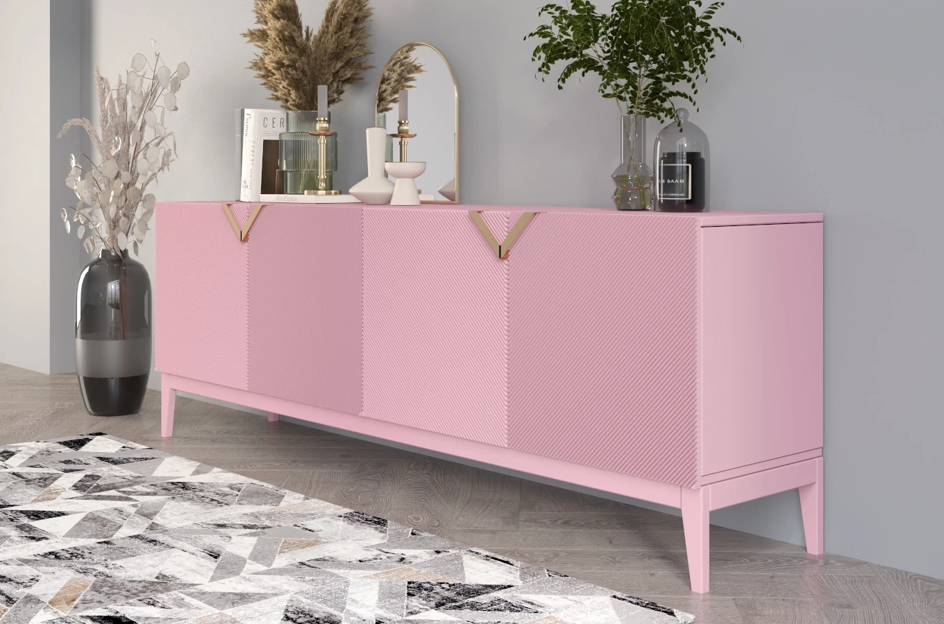 Drewniana komoda Visby DEMI LONG / kolor pudrowy róż / szer. 201,5 cm