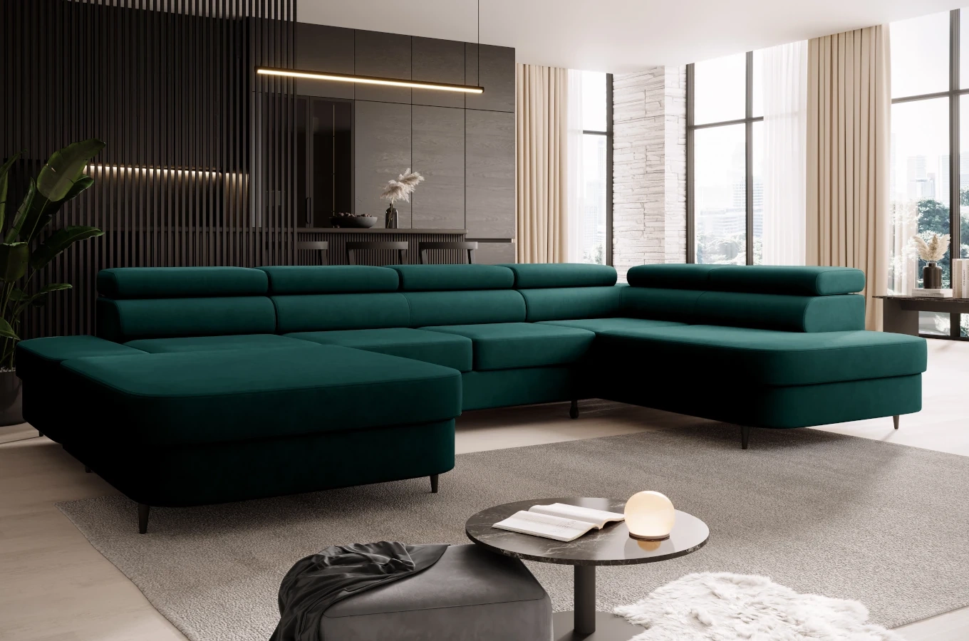 Nowoczesny narożnik TANZANIT U z funkcją spania i pojemnikiem na pościel