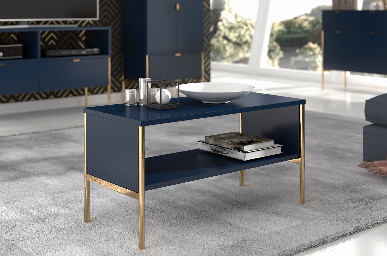 Elegancki granatowy stolik kawowy Skandica POLKA na złotych nóżkach