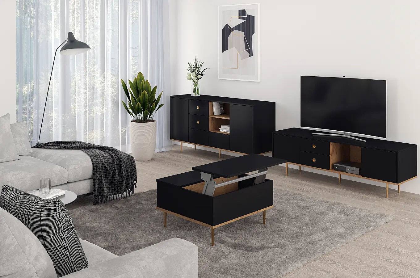 Czarny nowoczesny stolik kawowy Skandica HARMONI z otwieranym blatem