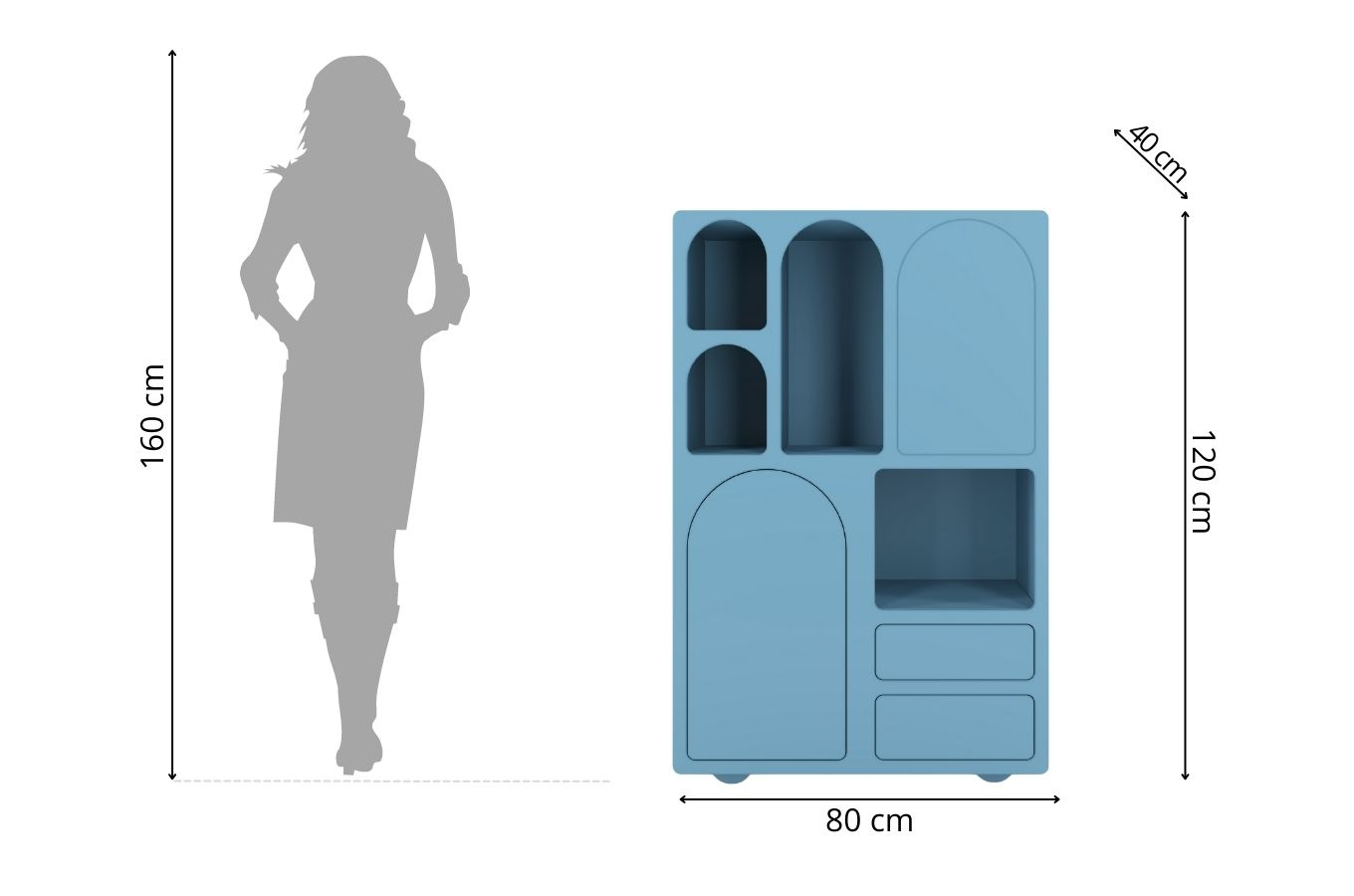 Drewniana komoda z łukami Visby OLIMPIA HIGH / kolor pastelowy niebieski / szer. 80 cm