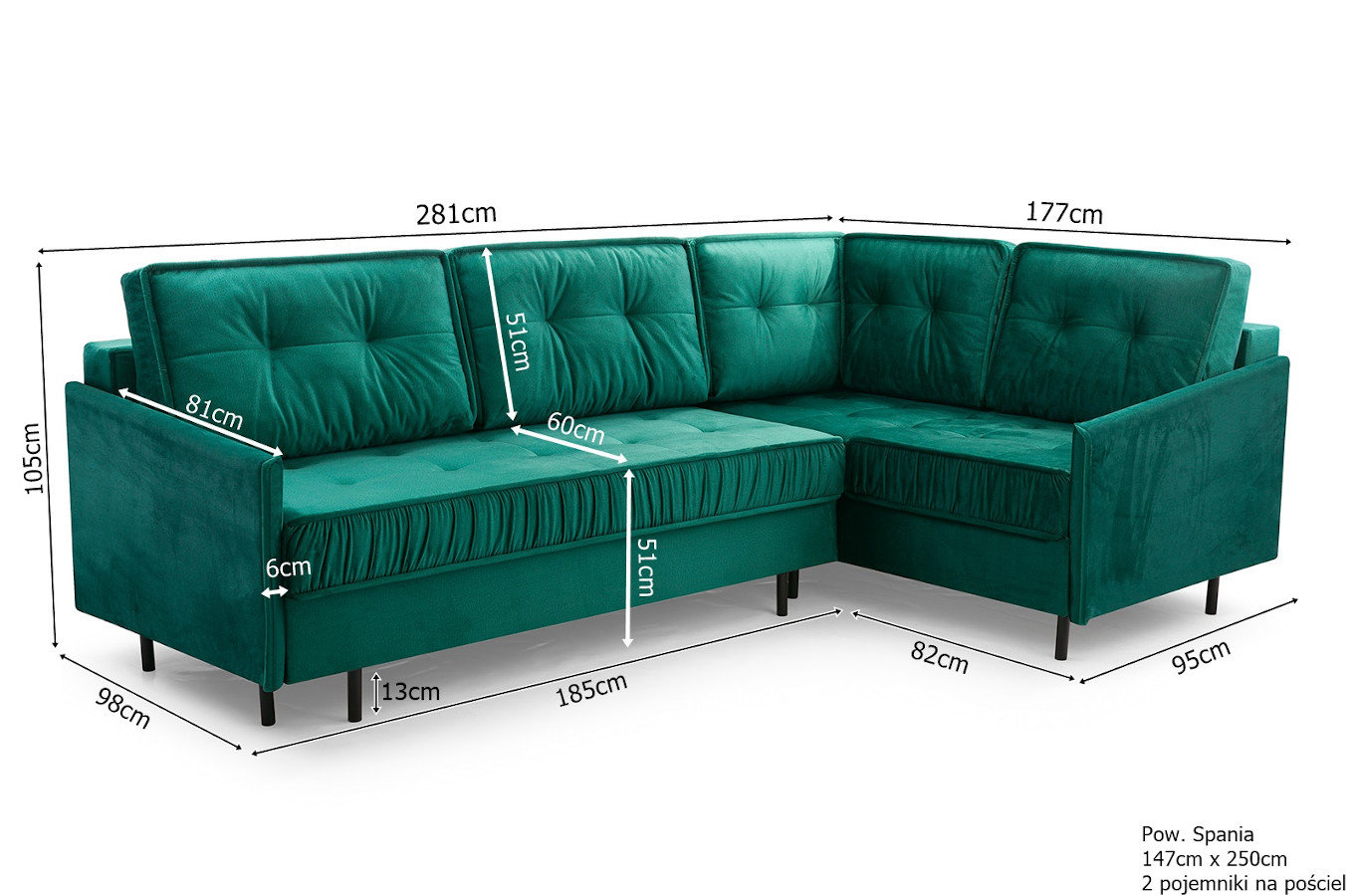 Nowoczesny narożnik ZANZIBAR L z funkcją spania i pojemnikiem na pościel