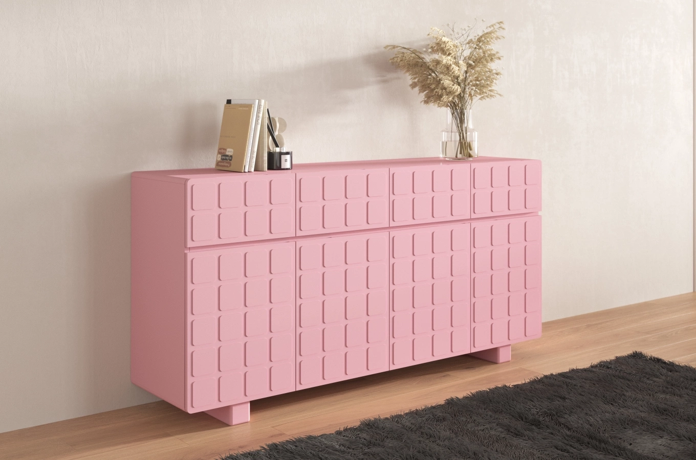 Nowoczesna komoda z frontami 3D Skandica CUBO LONG / kolor pudrowy róż / szer. 169 cm