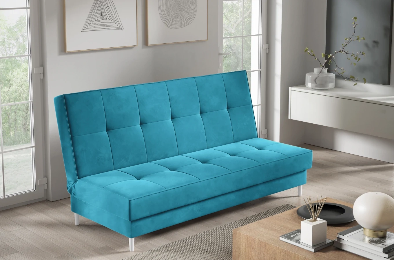 Nowoczesna sofa IRINA w skandynawskim stylu z funkcją spania i pojemnikiem na pościel