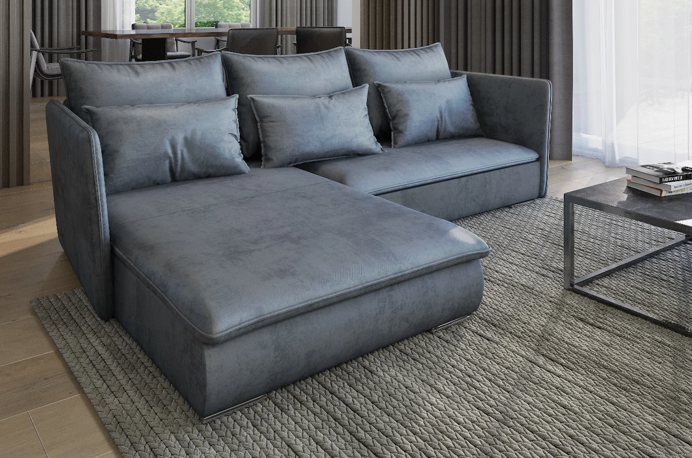 Nowoczesny narożnik SELAVI z funkcją spania i pojemnikiem na pościel