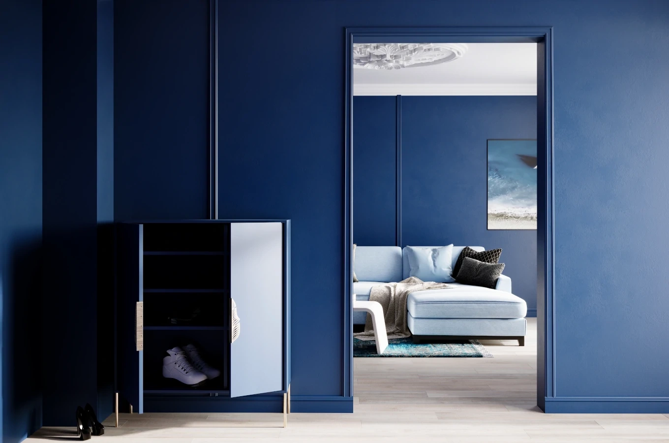 Granatowa komoda / szafka na buty Skandica MERLIN ze złotymi dodatkami / szer. 100 cm