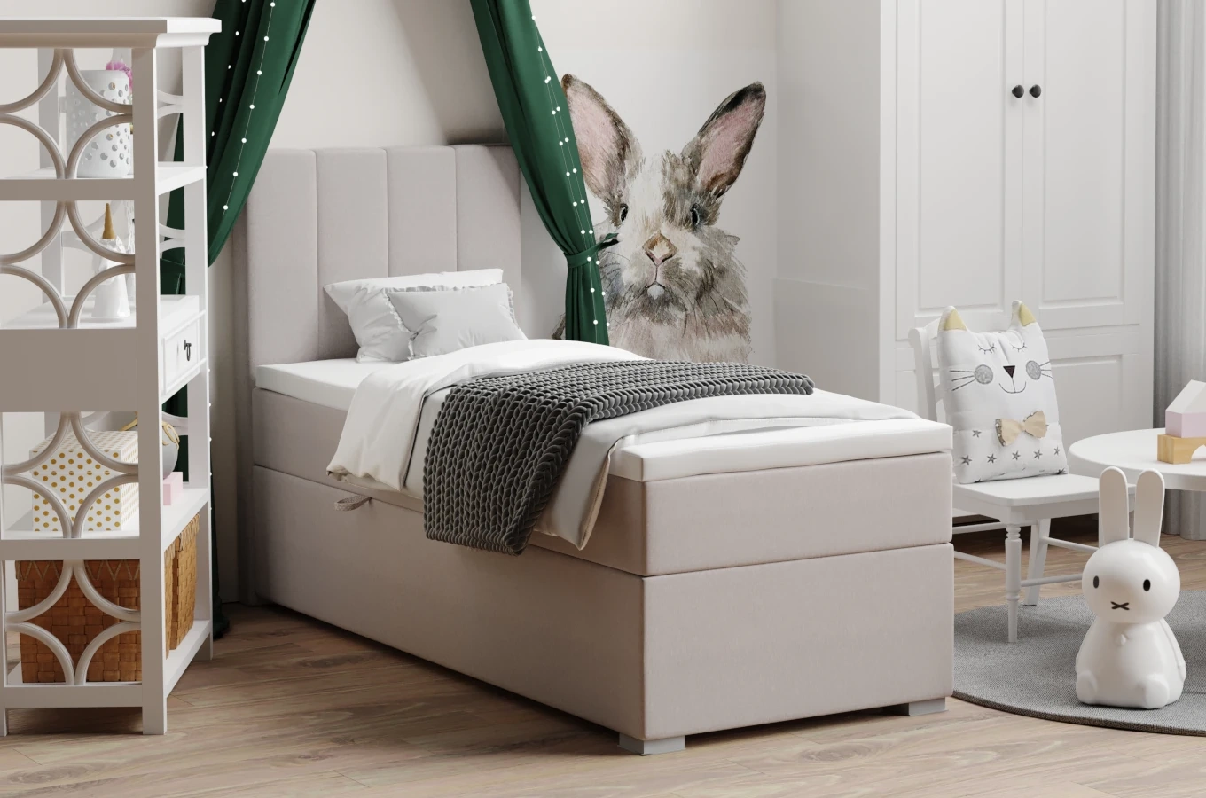 Eleganckie tapicerowane łóżko kontynentalne do sypialni MADAM z pojemnikiem na pościel