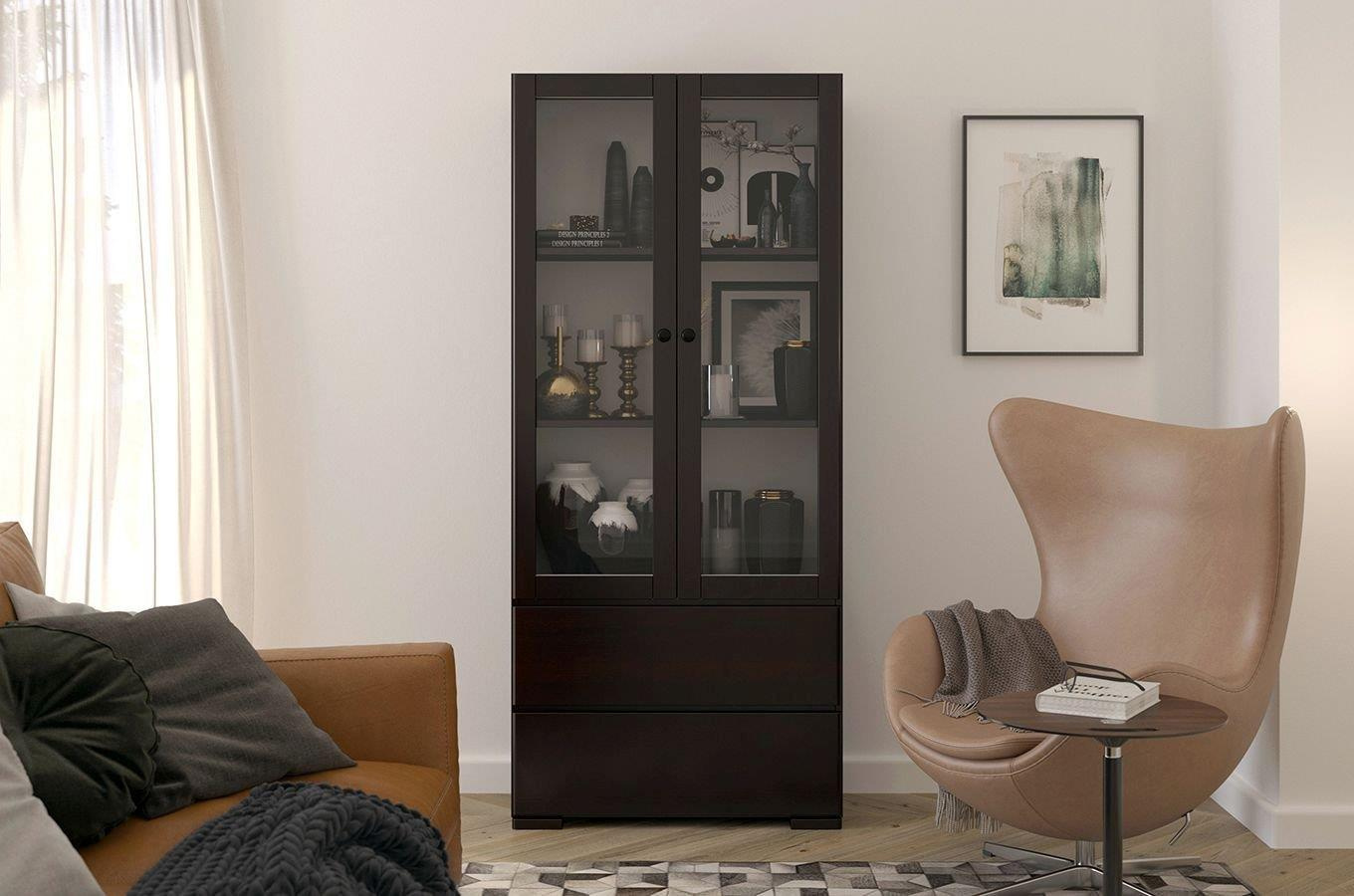 Drewniana sosnowa witryna ze szklanymi drzwiami Visby SANDEMO 2S80 / kolor palisander