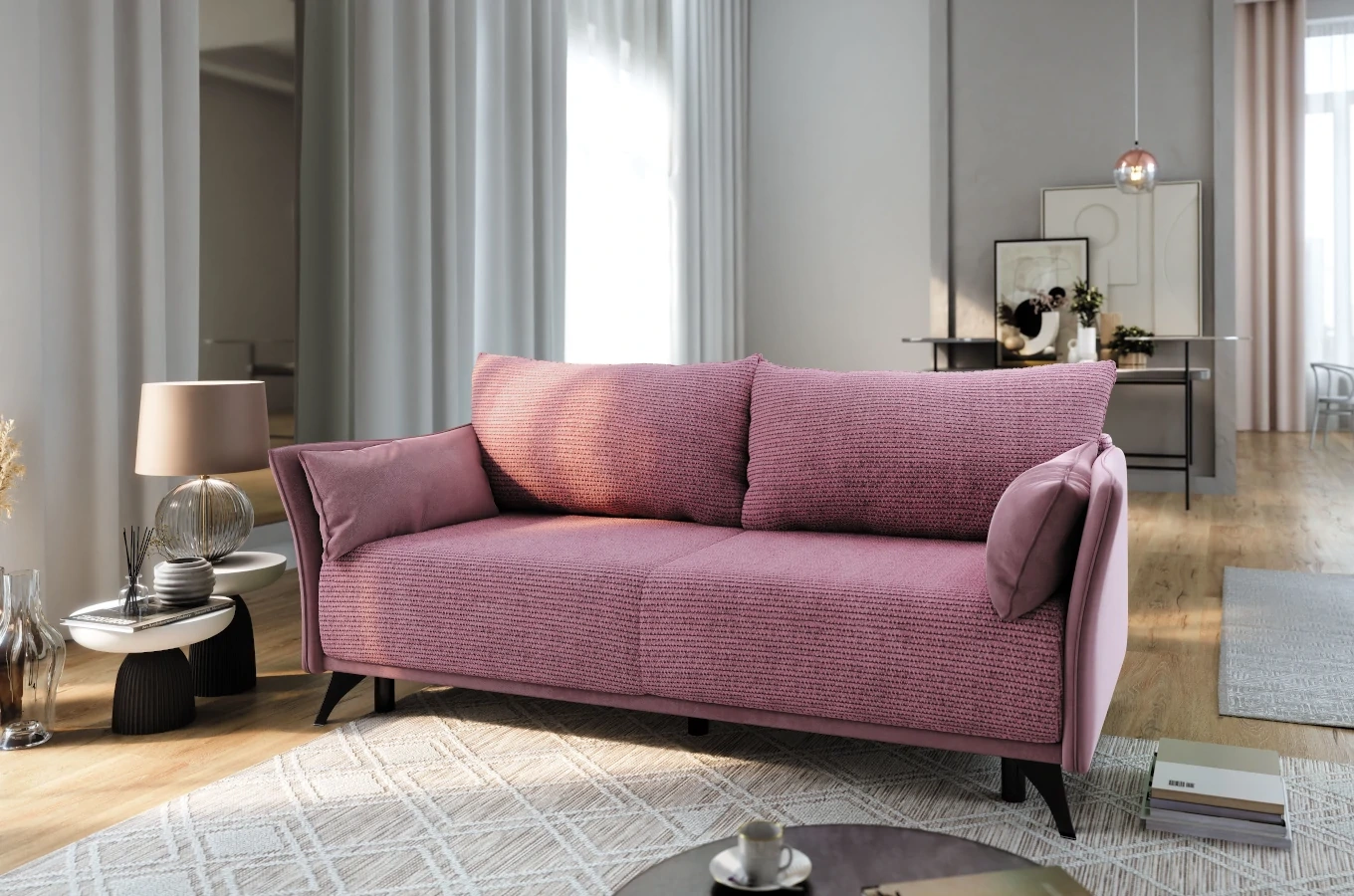 Nowoczesna sofa rozkładana EMMA z funkcją spania i pojemnikiem na pościel / szerokość 223 cm