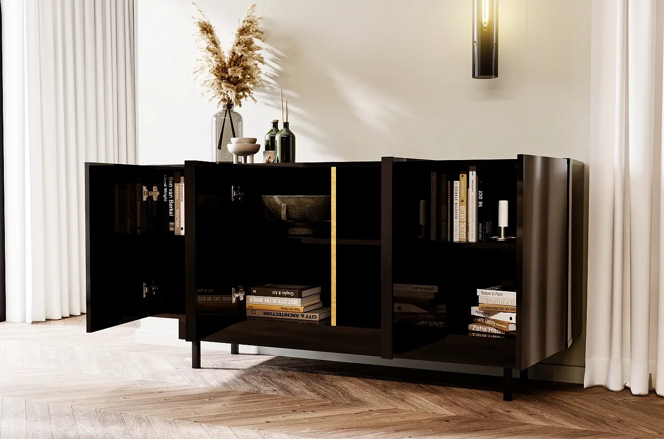 Elegancka czarna komoda Dancan ARTEMISA ze złotymi dodatkami / szer. 163 cm