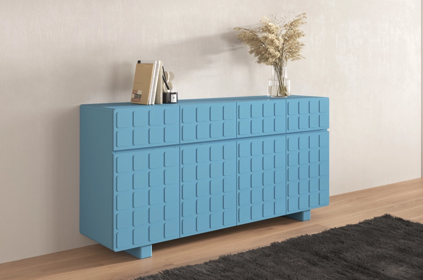 Nowoczesna komoda z frontami 3D Skandica CUBO LONG / kolor pastelowy niebieski / szer. 169 cm