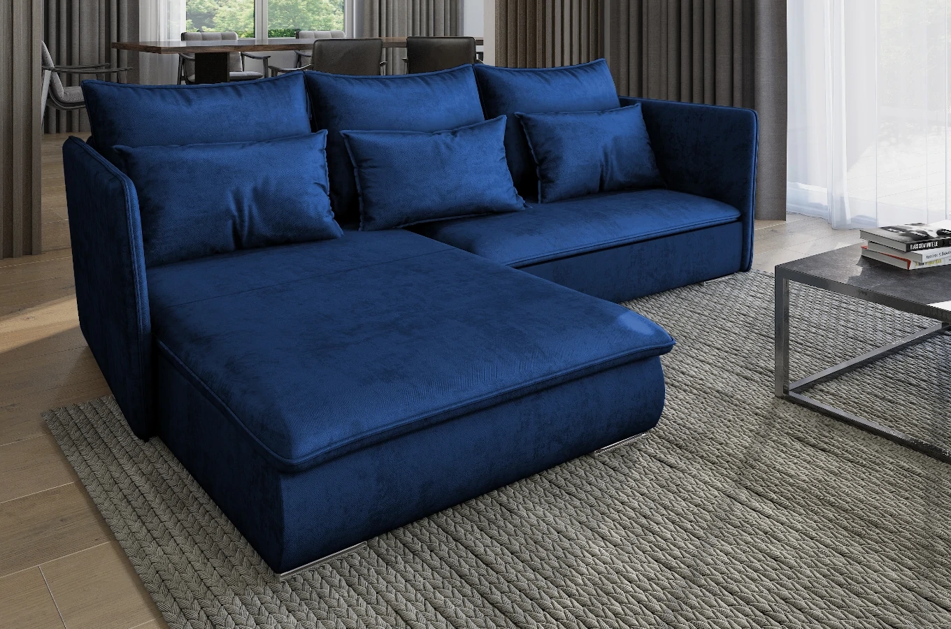 Nowoczesny narożnik SELAVI z funkcją spania i pojemnikiem na pościel