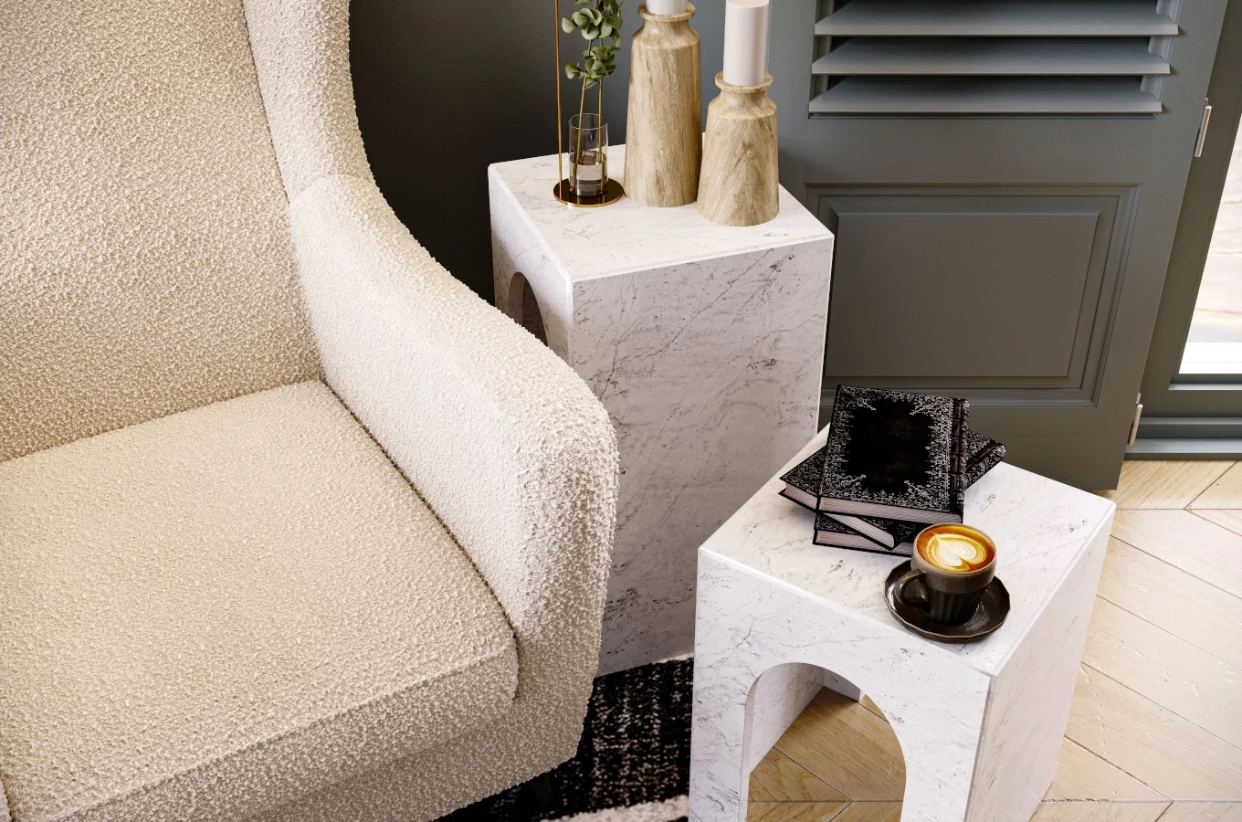 Fotel uszak Skandica AGNETA w tkaninie boucle / nóżki czarne