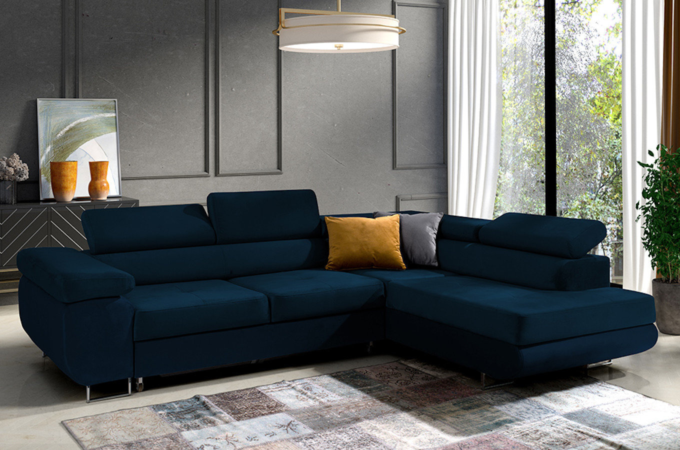 Nowoczesny narożnik DAJTI z funkcją spania, pojemnikiem na pościel oraz regulowanymi zagłówkami