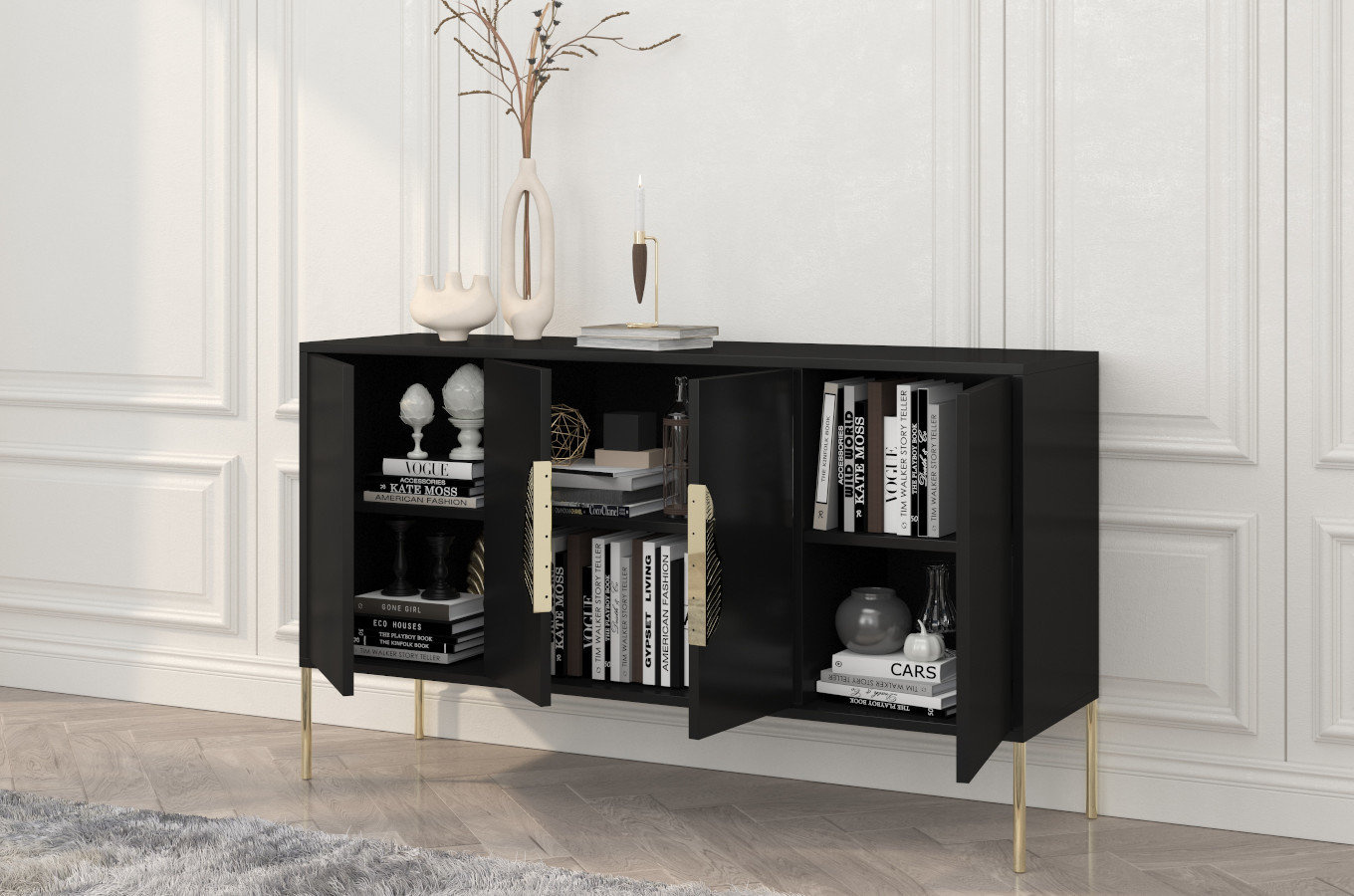 Czarna komoda Skandica MERLIN ze złotymi dodatkami / szer. 138 cm