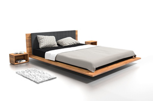 Drewniane łóżko do sypialni KUZMA z tapicerowanym zagłówkiem