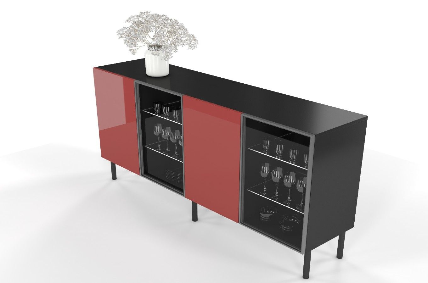 Podświetlana komoda witryna połysk Skandica Lilka czarna-czerwona na nóżkach / szer. 138 cm