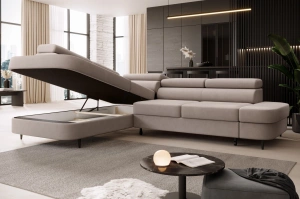 Nowoczesny narożnik TANZANIT L z funkcją spania i pojemnikiem na pościel