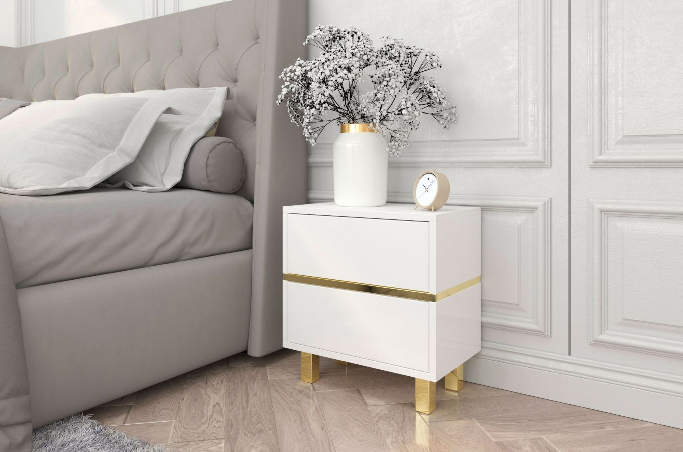Elegancka biała szafka nocna Dancan MAGICA ze złotymi dodatkami / szer. 49 cm