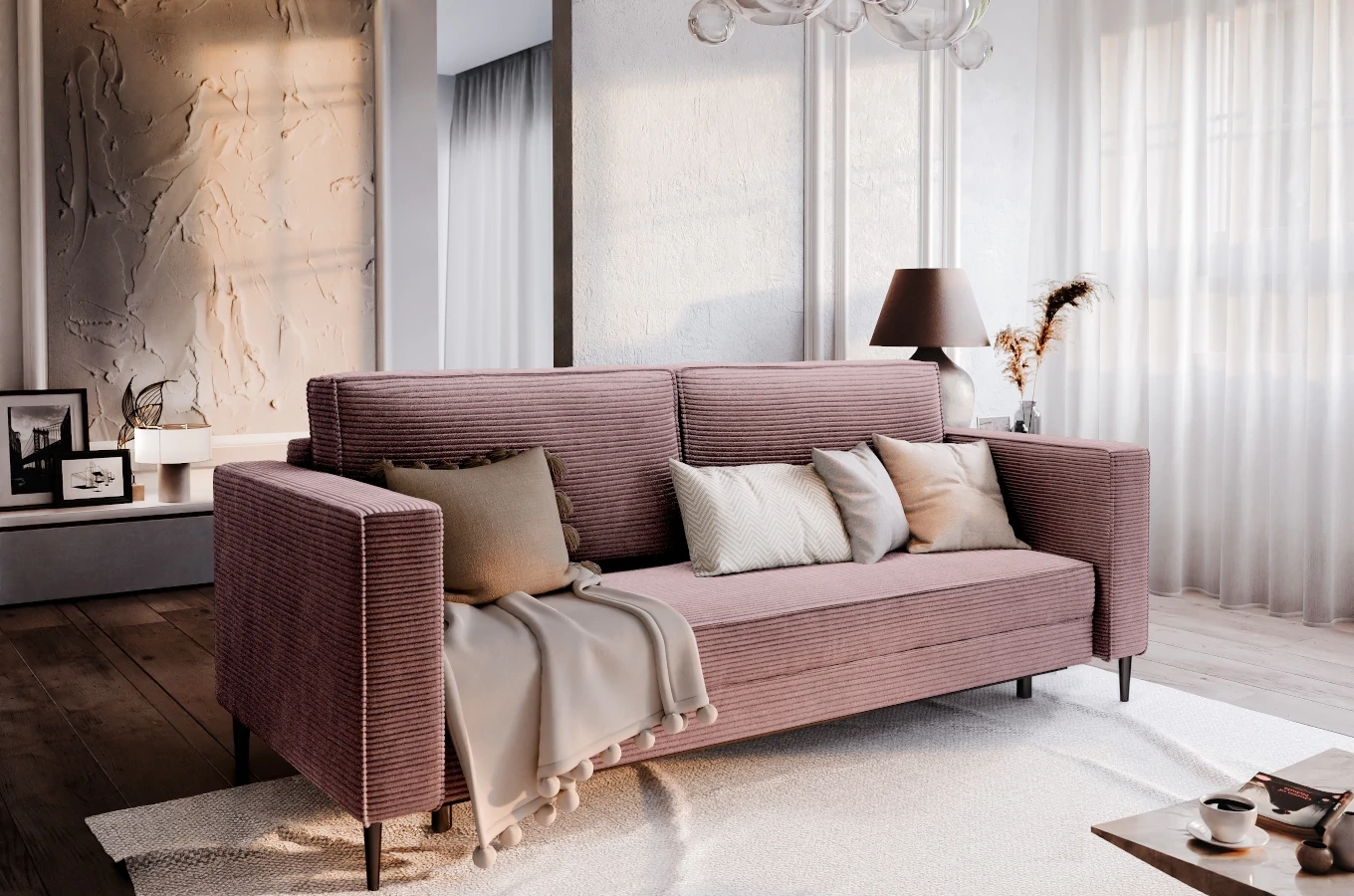 Nowoczesna sofa rozkładana GEPPI z funkcją spania i pojemnikiem na pościel / szerokość 226 cm