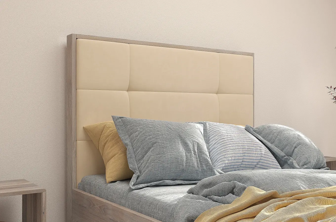 Tapicerowane łóżko drewniane dębowe Visby FRIDA z wysokim zagłówkiem / 180x200 cm, olej bielony, zagłówek French Velvet 659