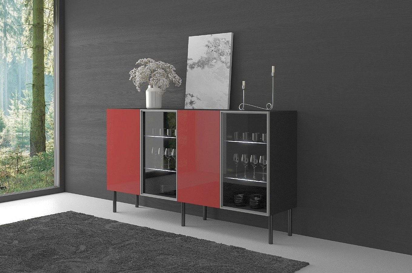 Podświetlana komoda witryna połysk Skandica Lilka czarna-czerwona na nóżkach / szer. 138 cm
