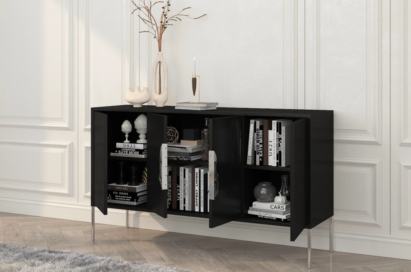 Czarna komoda Skandica MERLIN ze srebrnymi dodatkami / szer. 138 cm